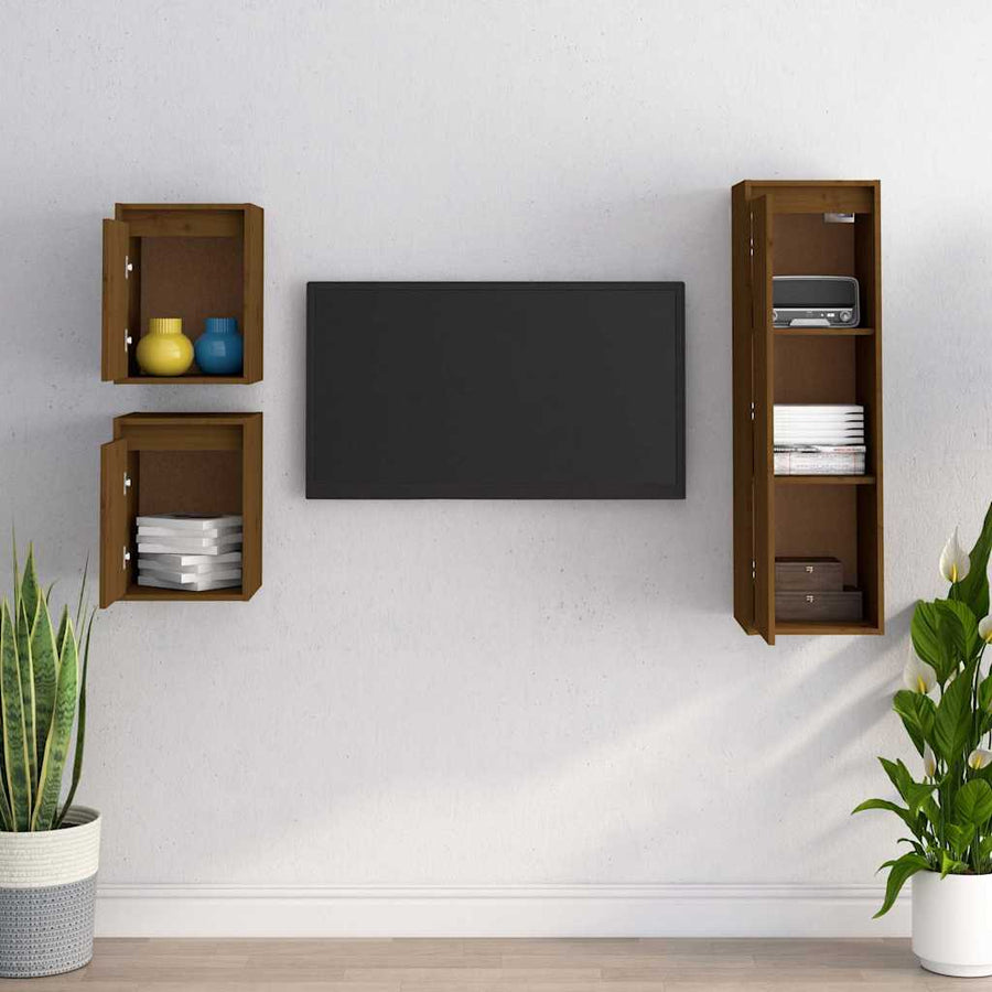 3 Piece TV Cabinet Set Honey Brown Solid Wood Pine