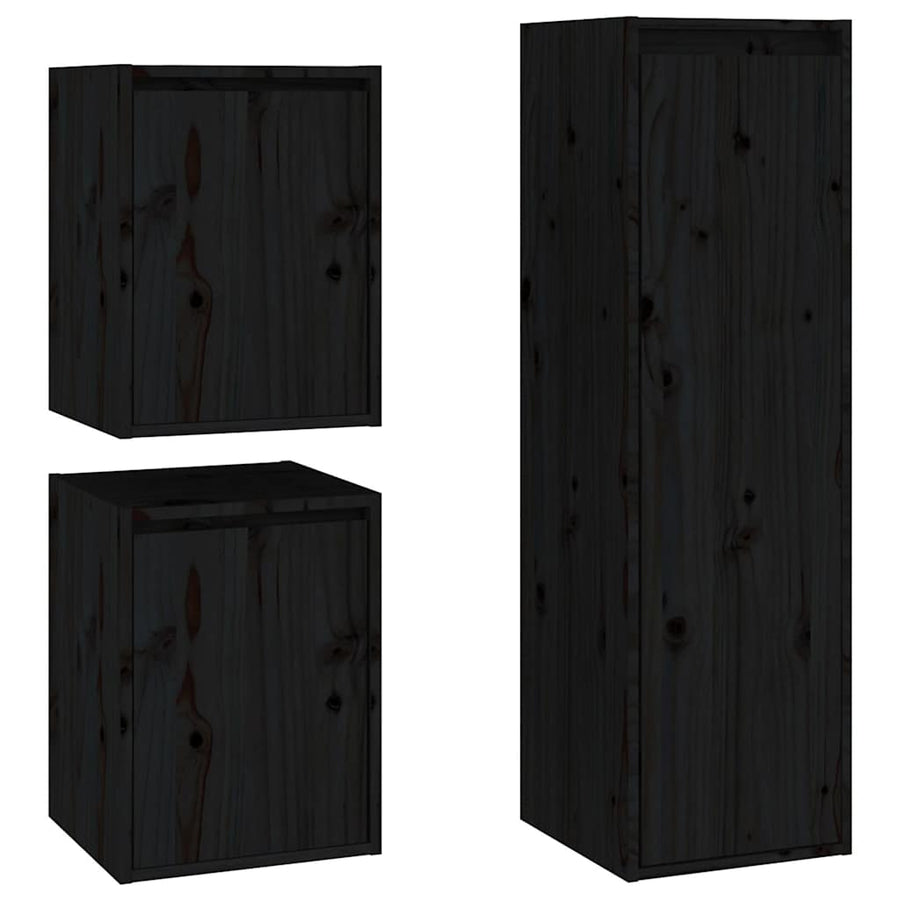 3 Piece TV Cabinet Set Black Solid Wood Pine