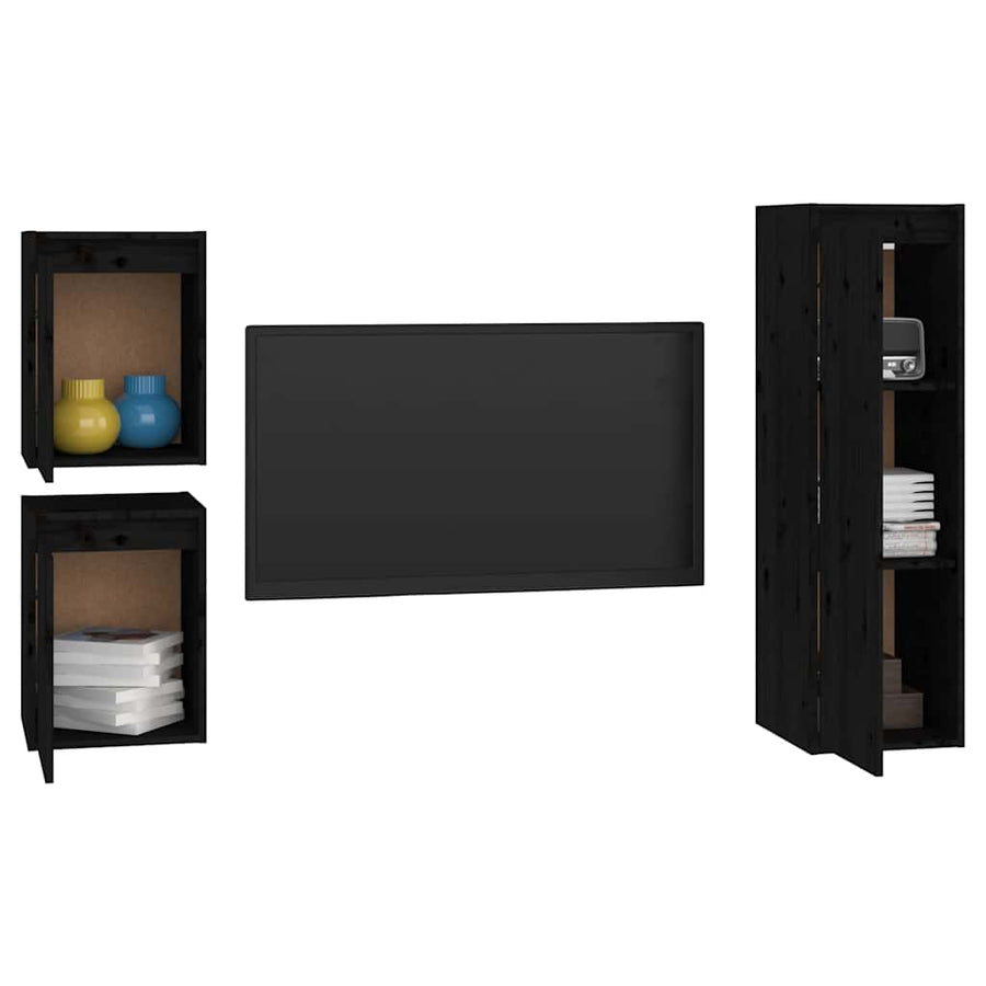 3 Piece TV Cabinet Set Black Solid Wood Pine