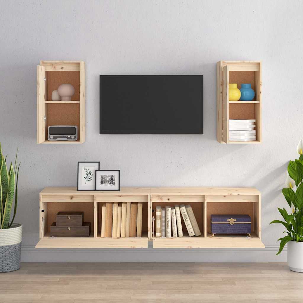 4 Piece TV Cabinet Set Solid Wood Pine