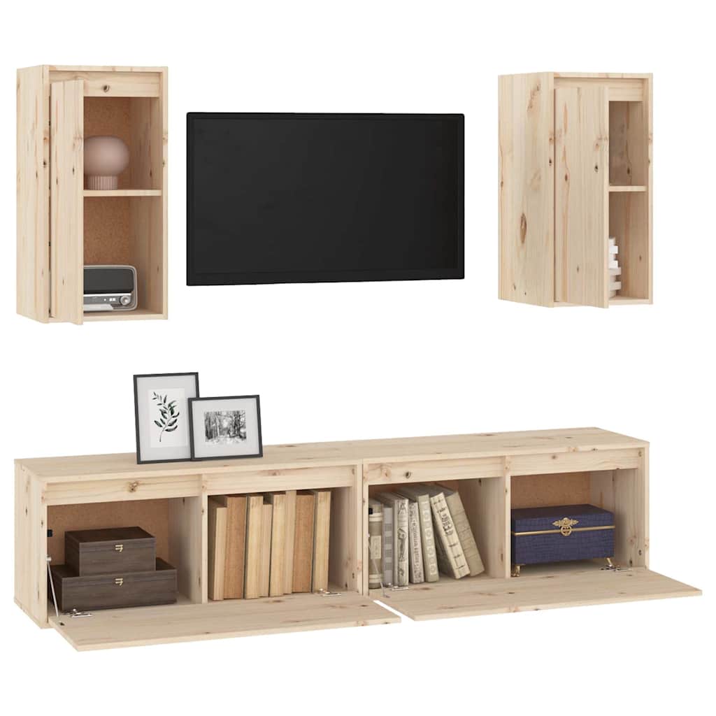 4 Piece TV Cabinet Set Solid Wood Pine