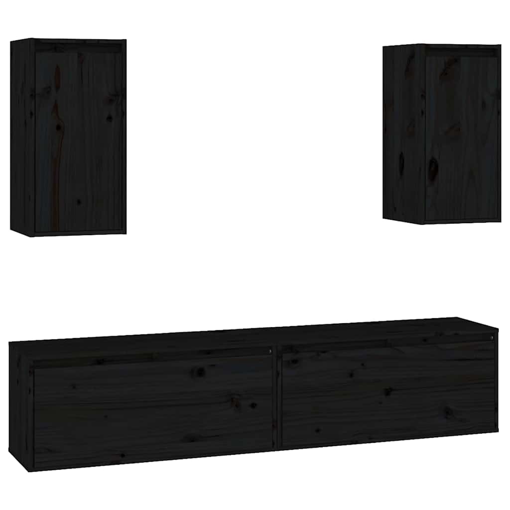 4 Piece TV Cabinet Set Black Solid Wood Pine
