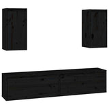 4 Piece TV Cabinet Set Black Solid Wood Pine