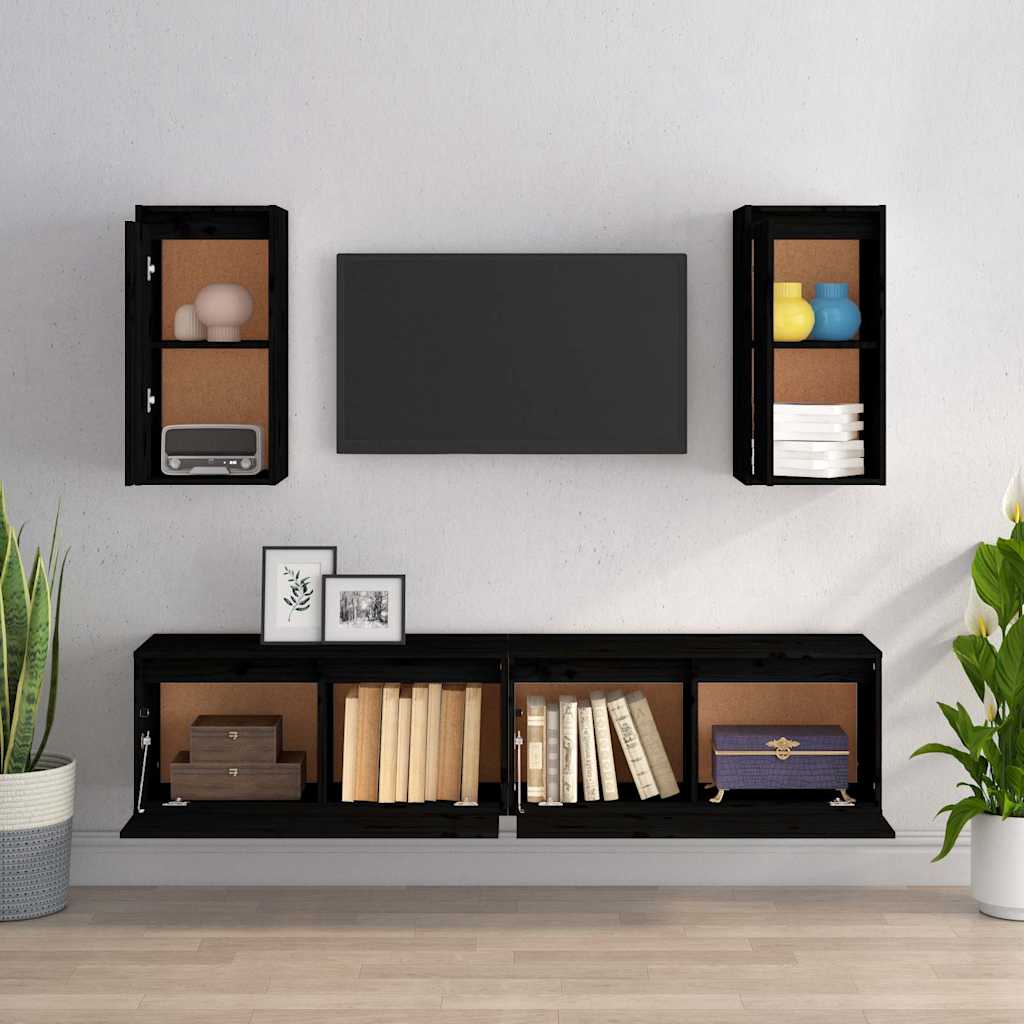 4 Piece TV Cabinet Set Black Solid Wood Pine