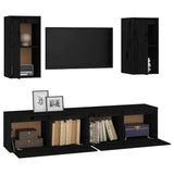 4 Piece TV Cabinet Set Black Solid Wood Pine - Top-Down View