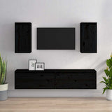 4 Piece TV Cabinet Set Black Solid Wood Pine