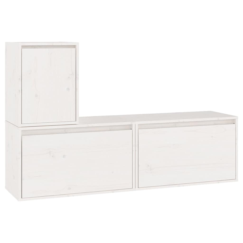 3 Piece TV Cabinet Set White Solid Wood Pine