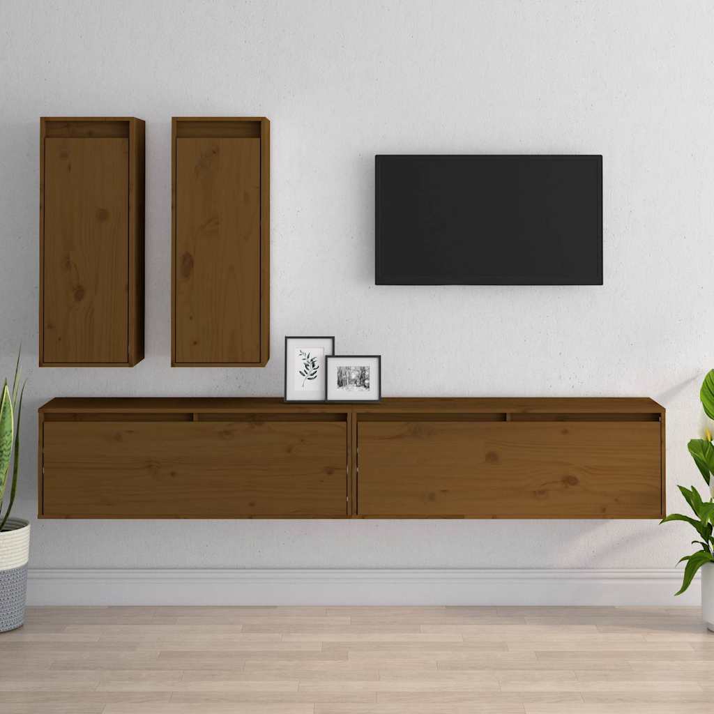 4 Piece TV Cabinet Set Honey Brown Solid Wood Pine