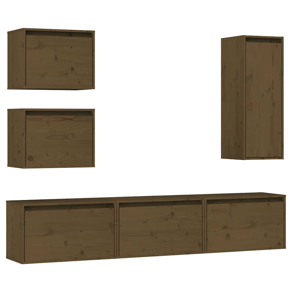 6 Piece TV Cabinet Set Honey Brown Solid Wood Pine