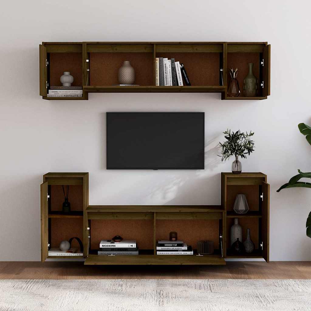 6 Piece TV Cabinet Set Honey Brown Solid Wood Pine