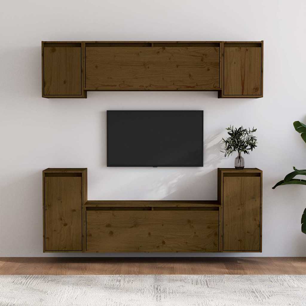 6 Piece TV Cabinet Set Honey Brown Solid Wood Pine