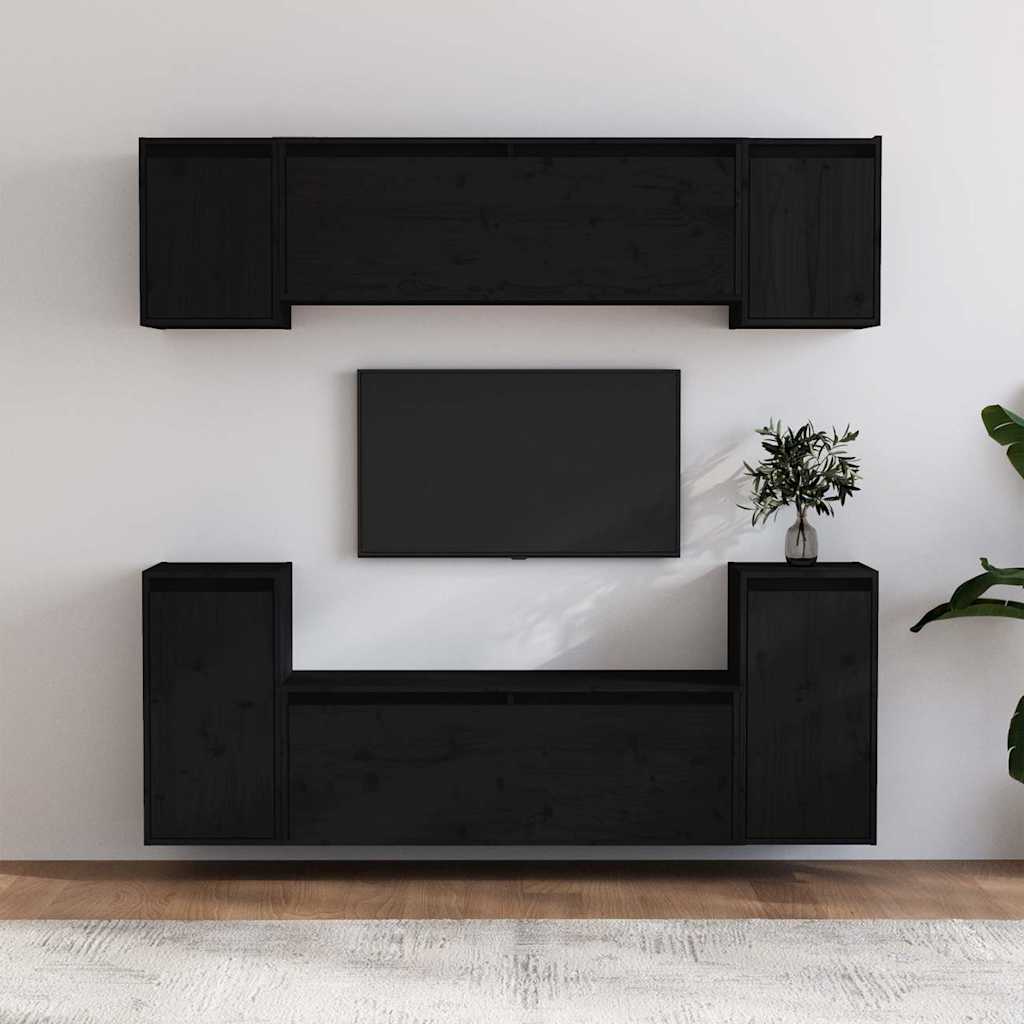 6 Piece TV Cabinet Set Black Solid Wood Pine