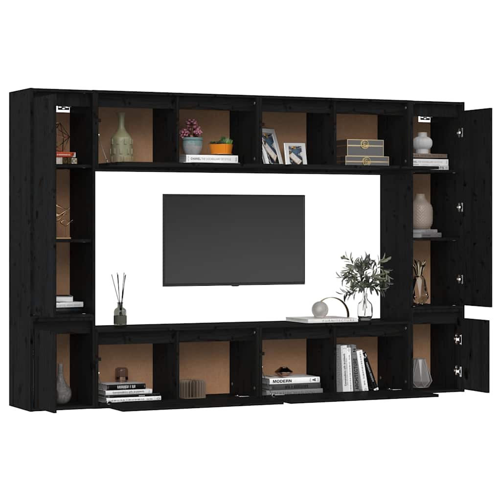 8 Piece Wall-mounted TV Cabinet Set Black Solid Wood Pine
