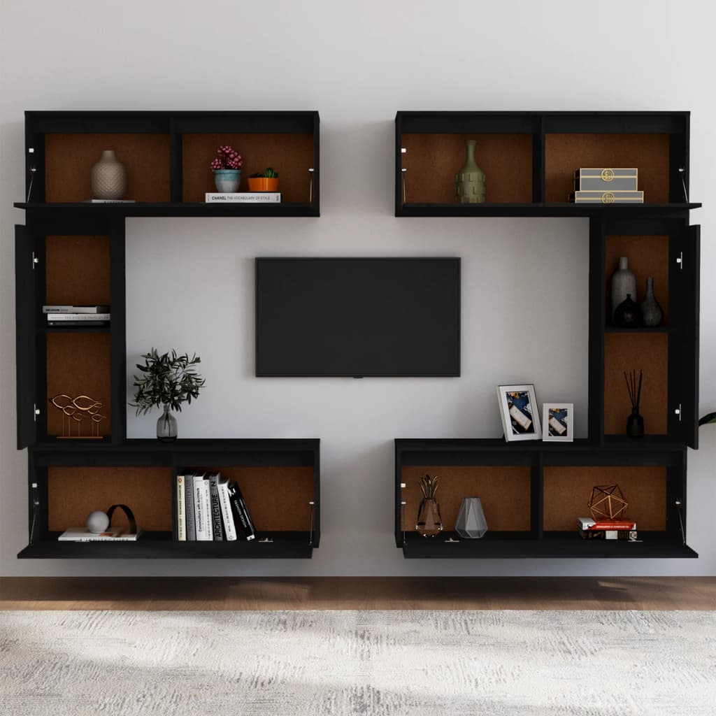 TV Cabinets 6 pcs Black Solid Wood Pine