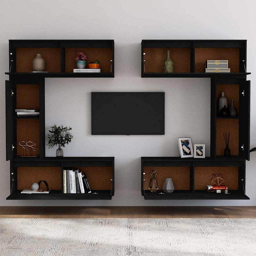 6 Piece TV Cabinet Set Black Solid Wood Pine