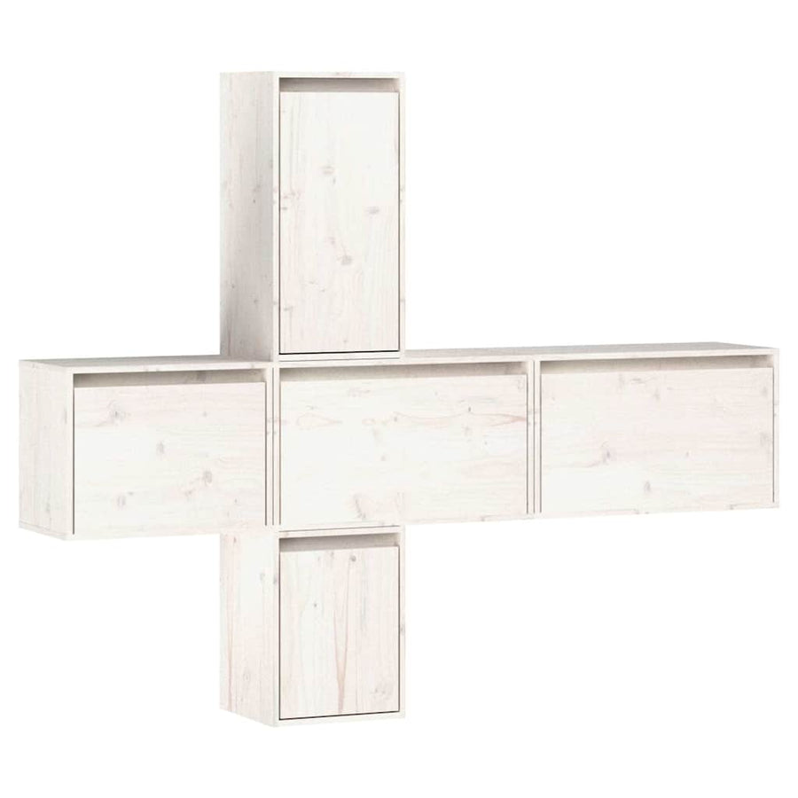 5 Piece TV Cabinet Set White Solid Wood Pine