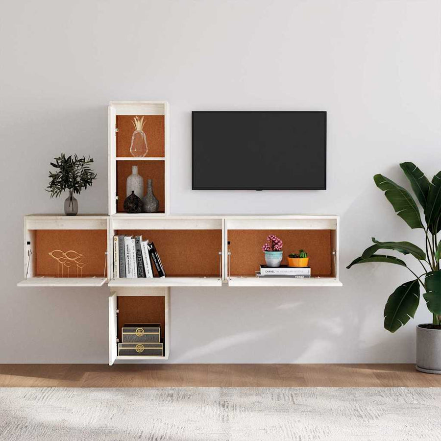 5 Piece TV Cabinet Set White Solid Wood Pine