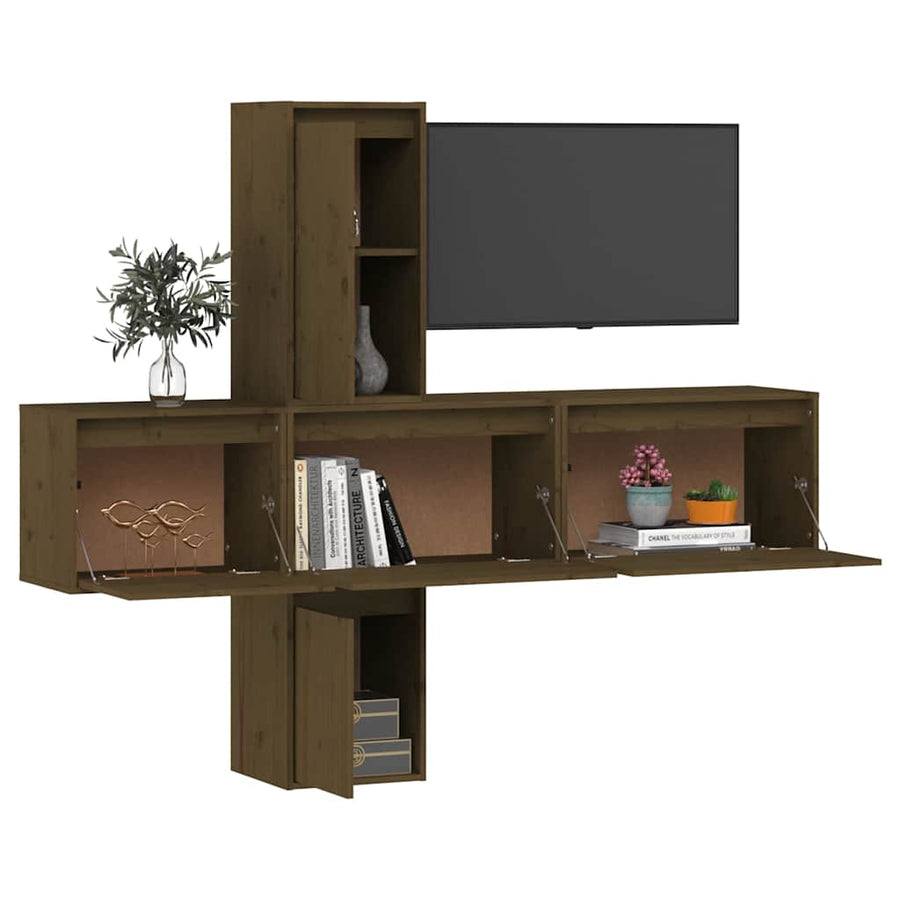 5 Piece TV Cabinet Set Honey Brown Solid Wood Pine