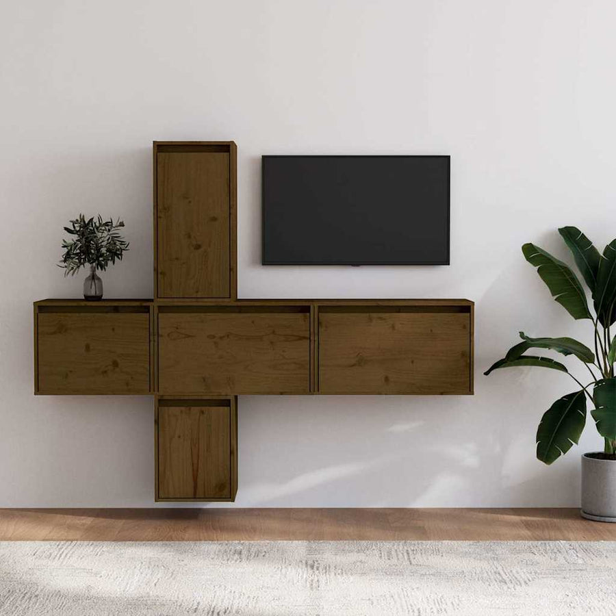 5 Piece TV Cabinet Set Honey Brown Solid Wood Pine