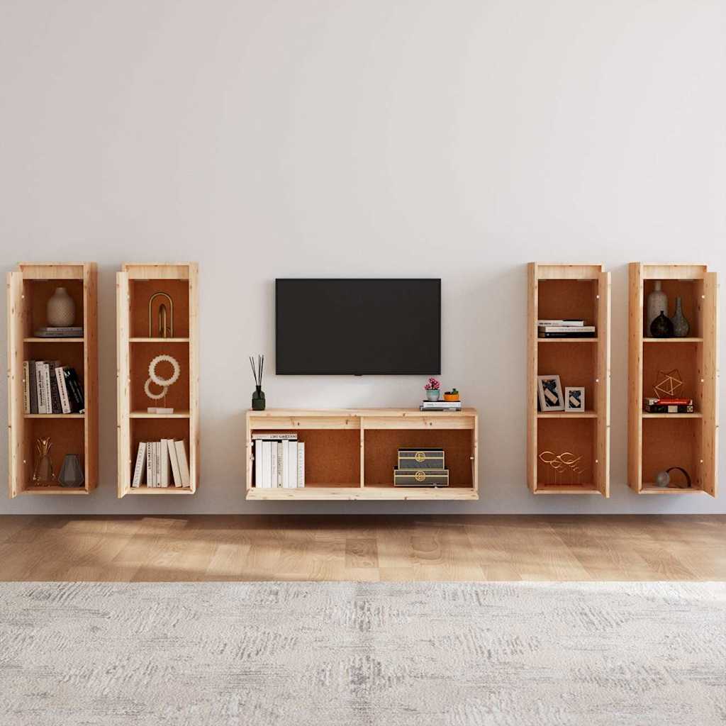 5 Piece TV Cabinet Set Solid Wood Pine