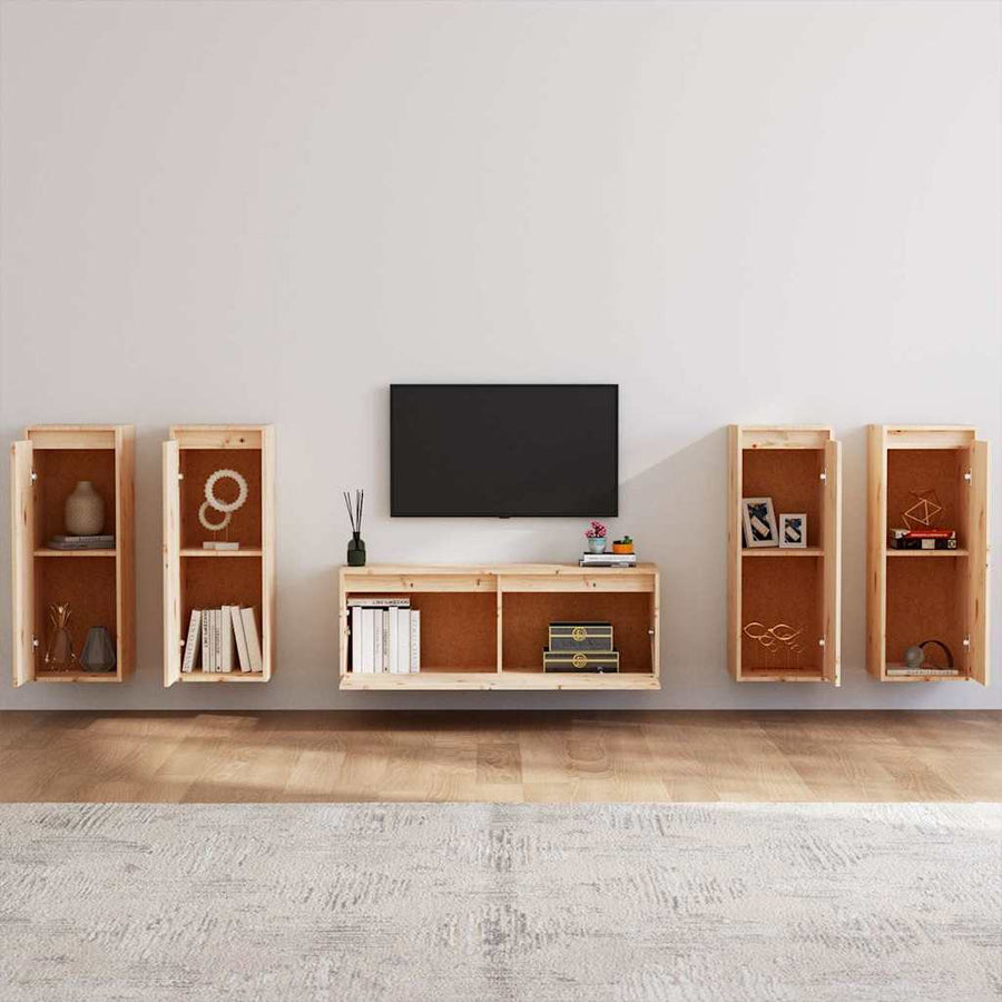 5 Piece TV Cabinet Set Solid Wood Pine