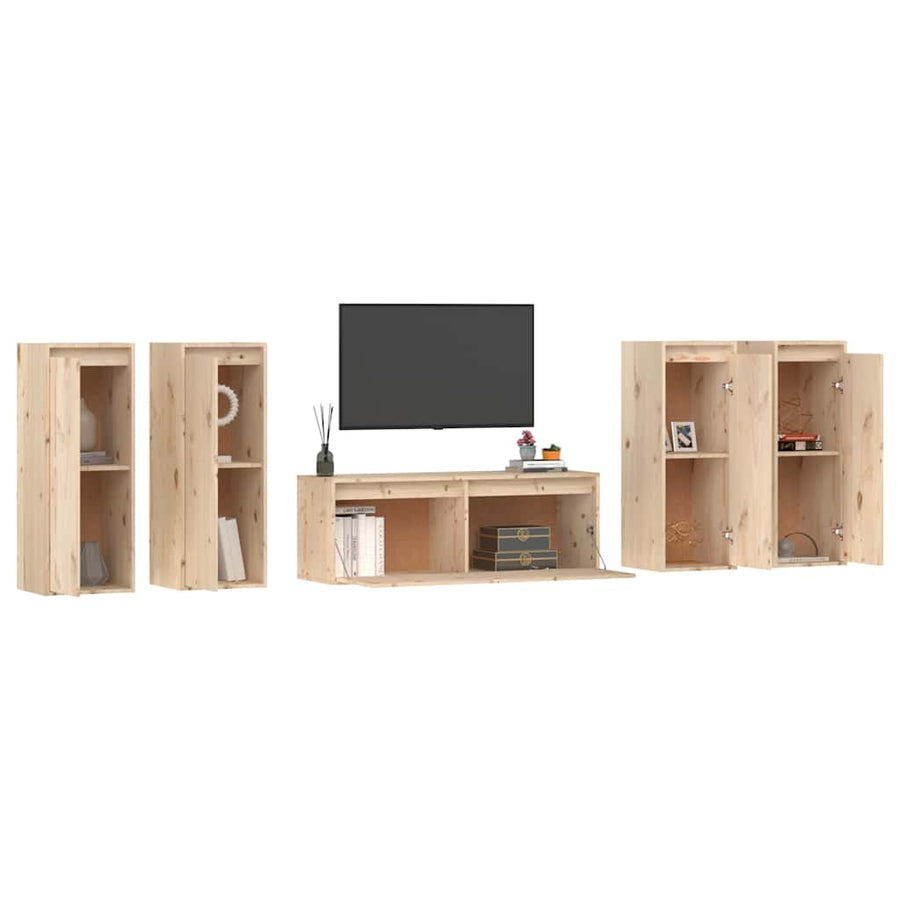 5 Piece TV Cabinet Set Solid Wood Pine