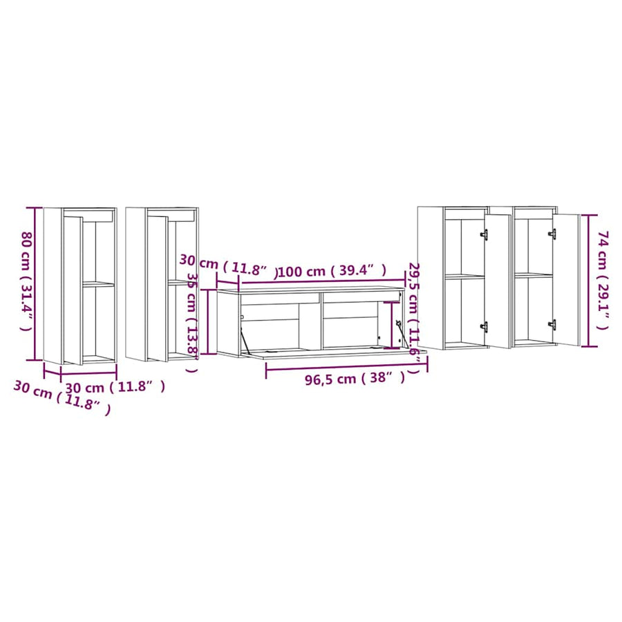 5 Piece TV Cabinet Set Solid Wood Pine