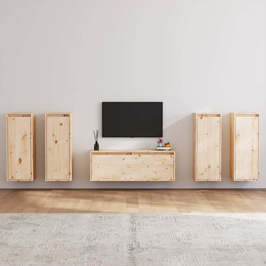 5 Piece TV Cabinet Set Solid Wood Pine