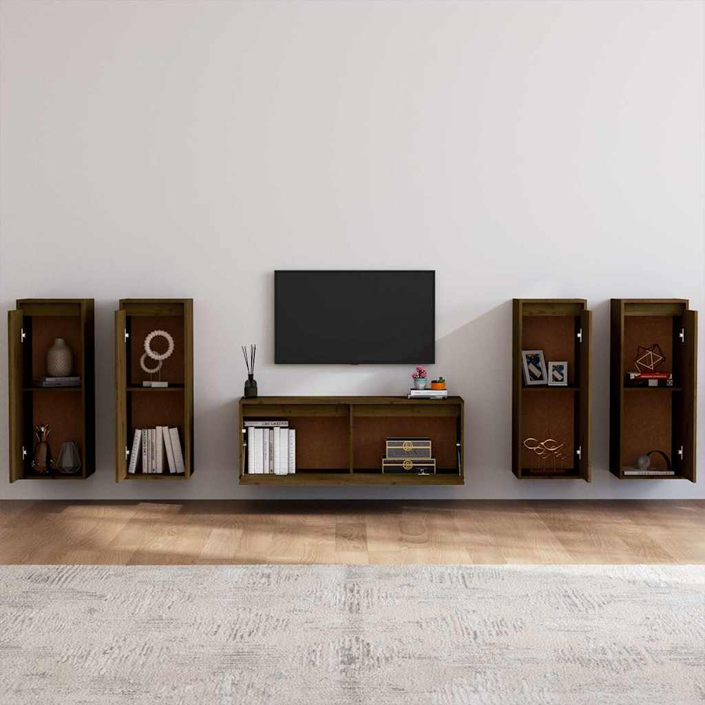 5 Piece TV Cabinet Set Honey Brown Solid Wood Pine