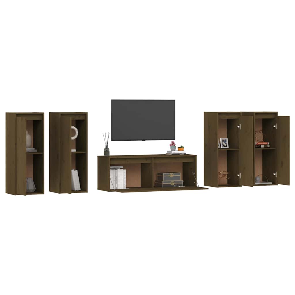 5 Piece TV Cabinet Set Honey Brown Solid Wood Pine