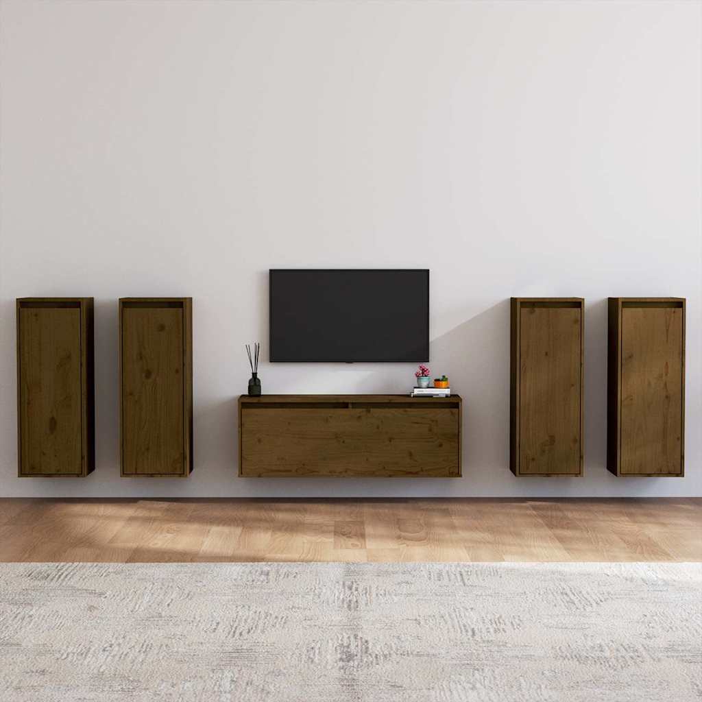 5 Piece TV Cabinet Set Honey Brown Solid Wood Pine