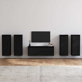 5 Piece TV Cabinet Set Black Solid Wood Pine