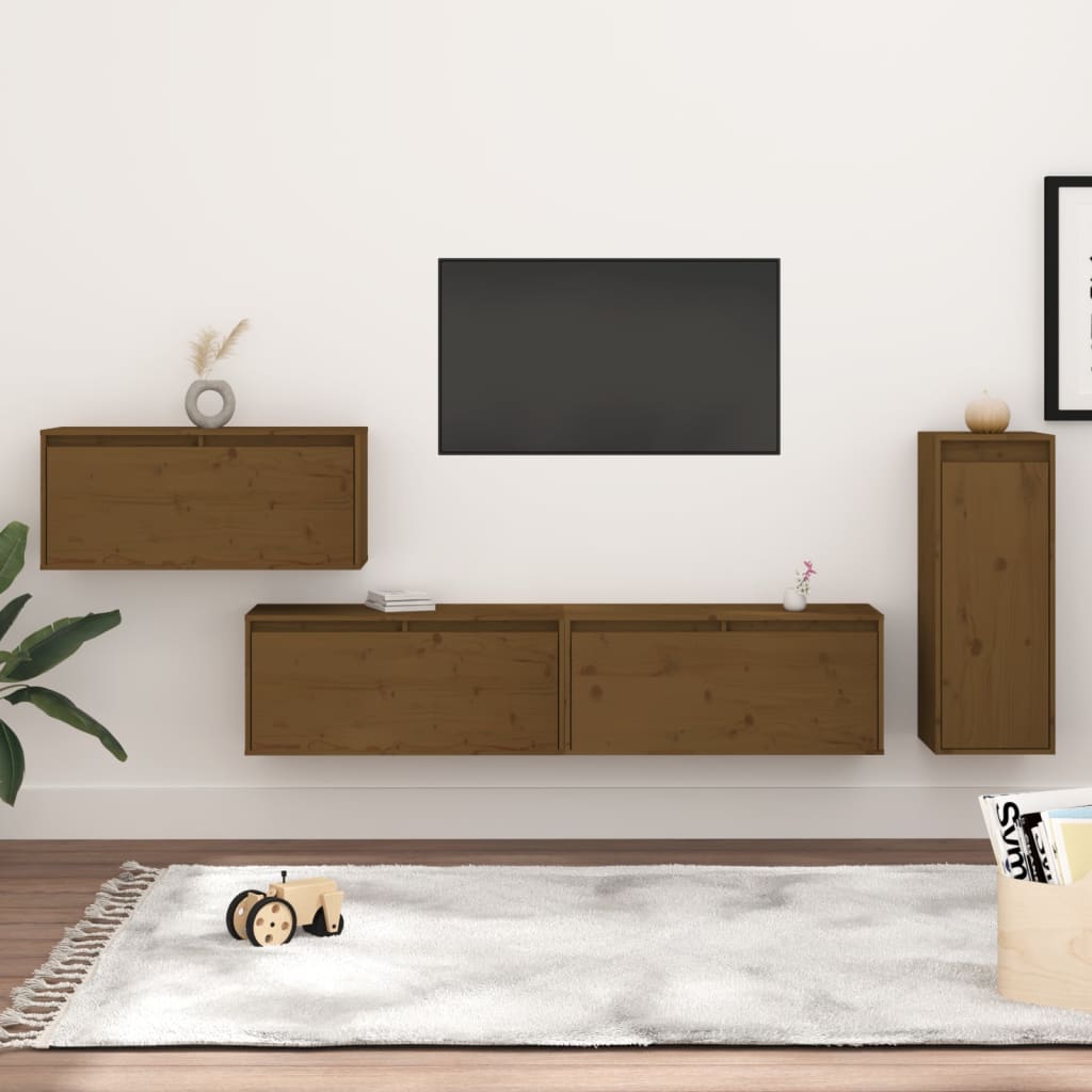 TV Cabinets 4 pcs Honey Brown Solid Wood Pine