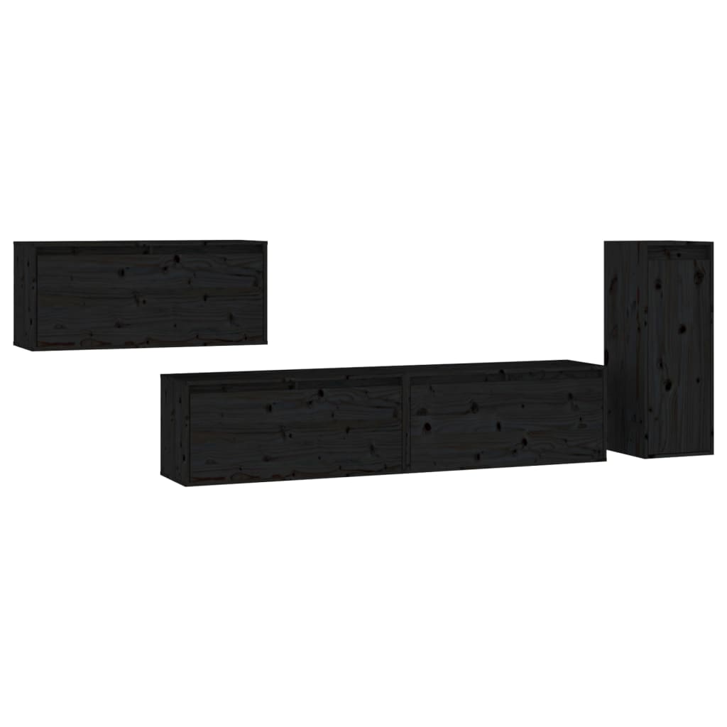 TV Cabinets 4 pcs Black Solid Wood Pine