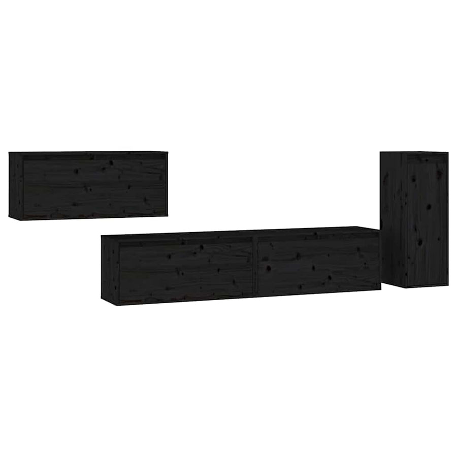 4 Piece TV Cabinet Set Black Solid Wood Pine