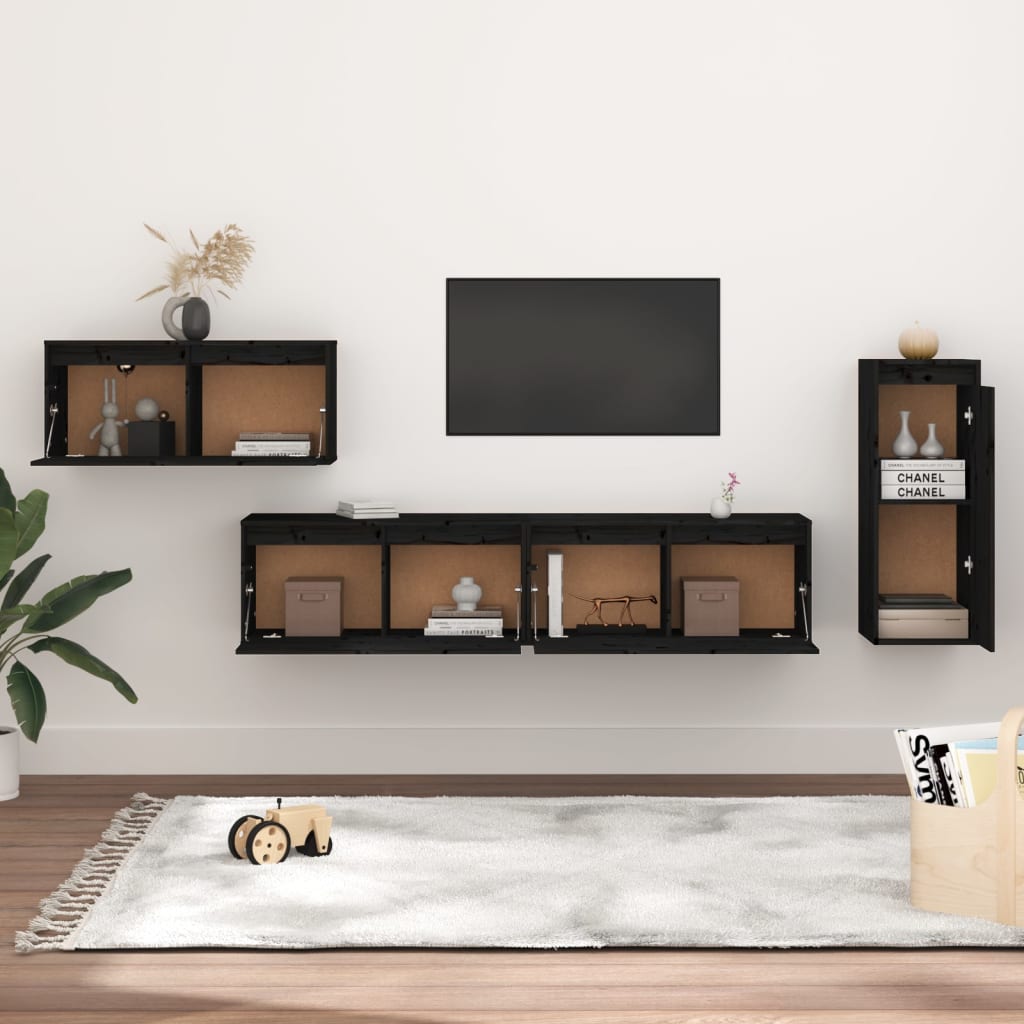 TV Cabinets 4 pcs Black Solid Wood Pine