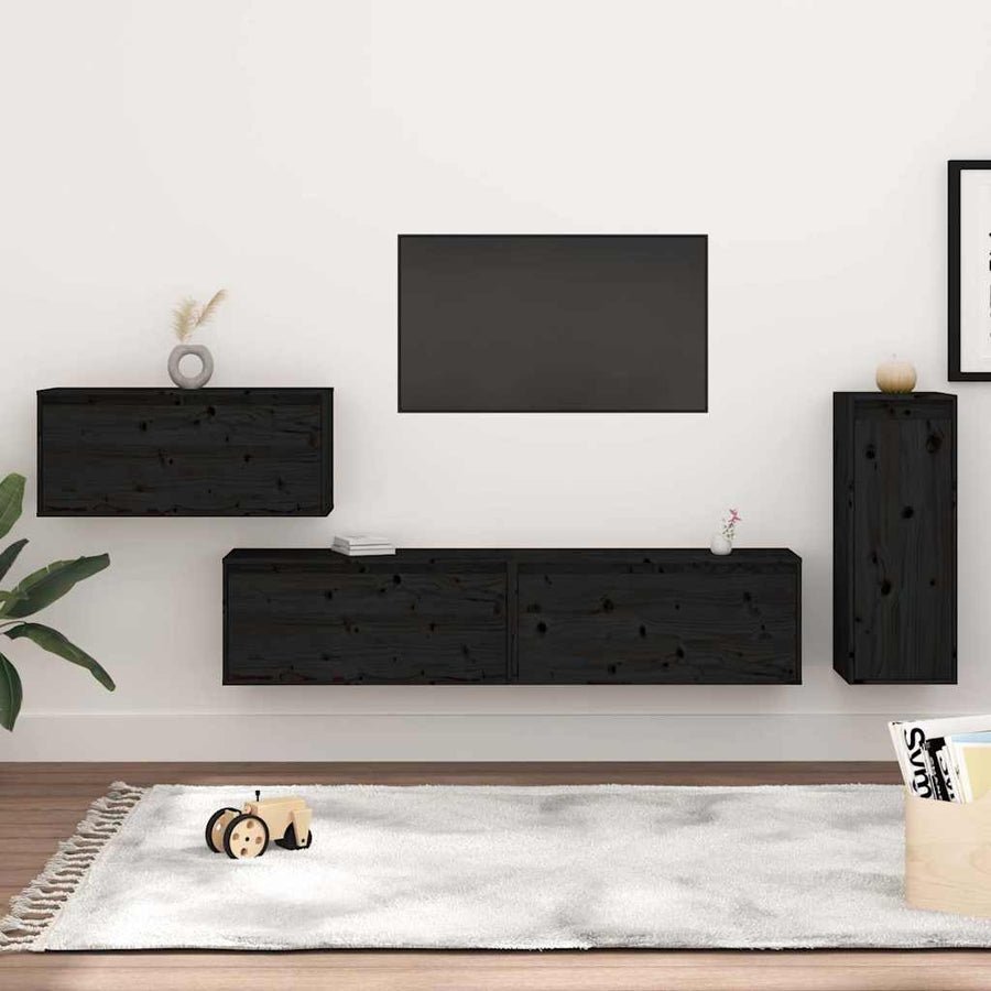 4 Piece TV Cabinet Set Black Solid Wood Pine
