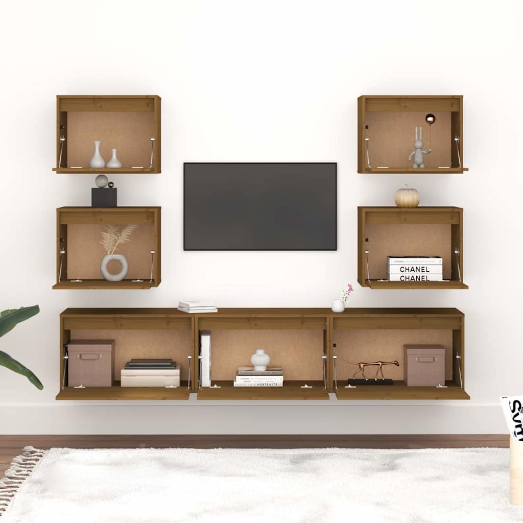 7 Piece TV Cabinet Set Honey Brown Solid Wood Pine