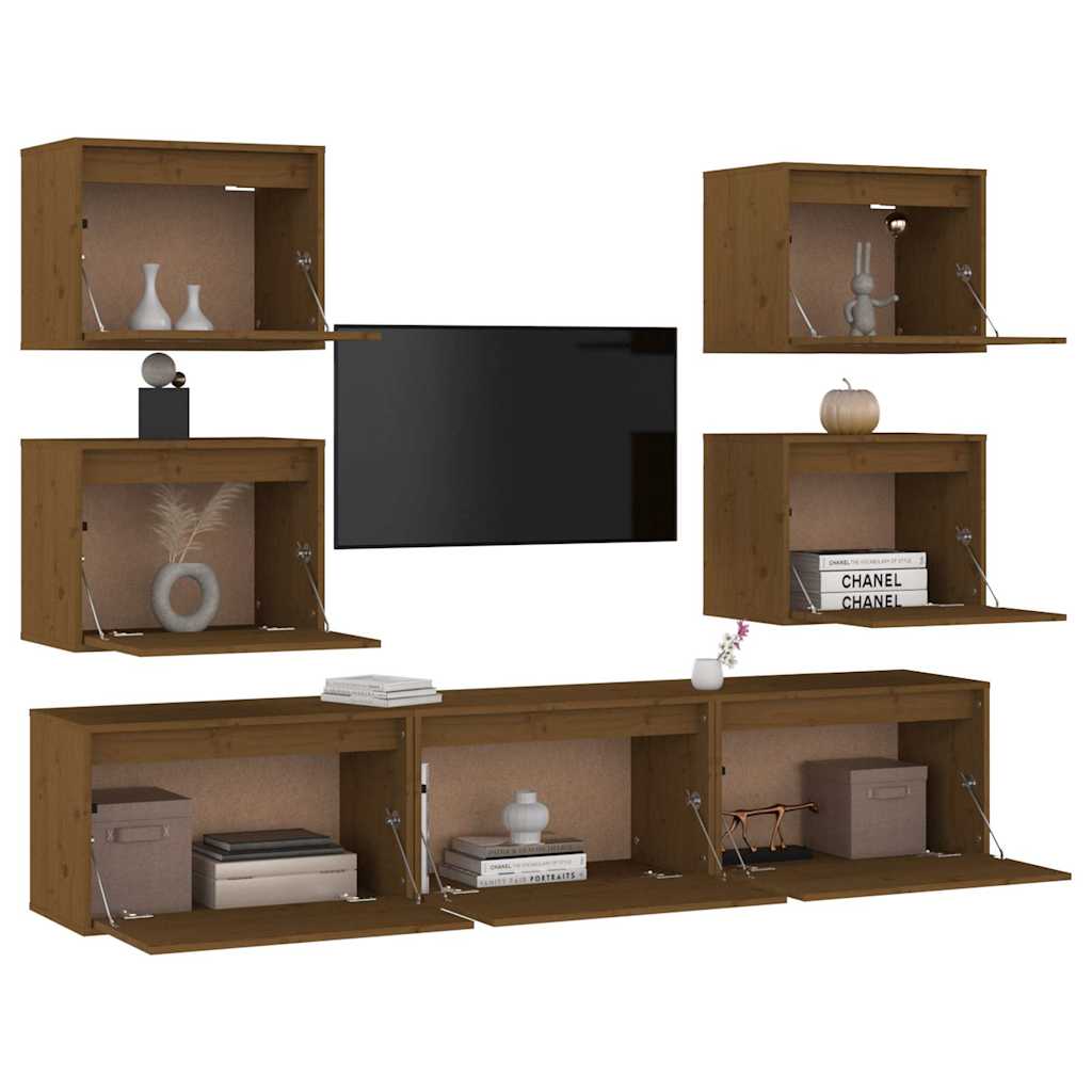 7 Piece TV Cabinet Set Honey Brown Solid Wood Pine