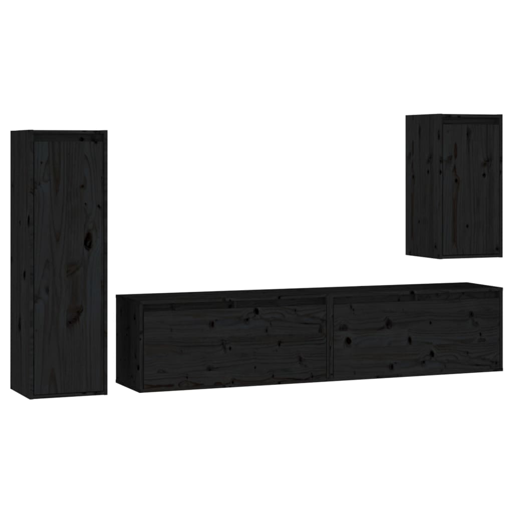 TV Cabinets 4 pcs Black Solid Wood Pine