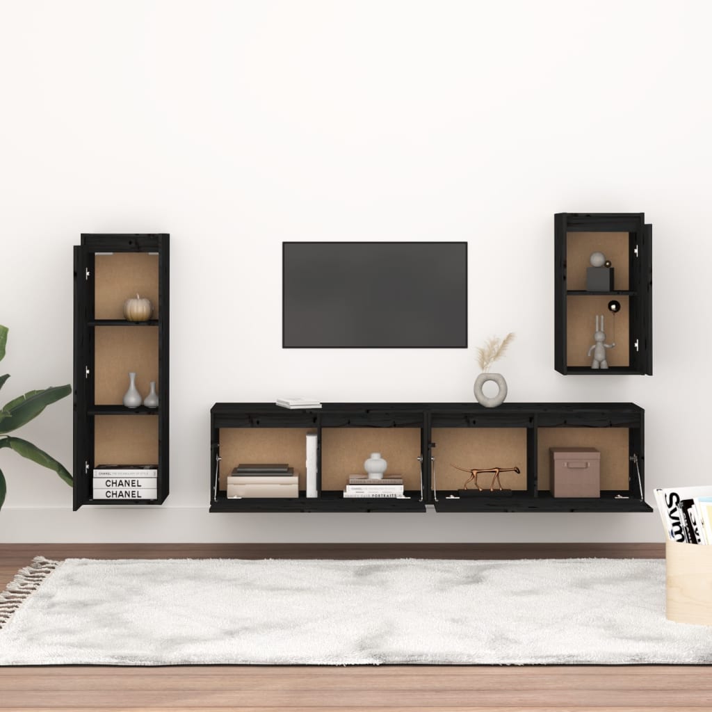 TV Cabinets 4 pcs Black Solid Wood Pine