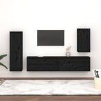 4 Piece TV Cabinet Set Black Solid Wood Pine