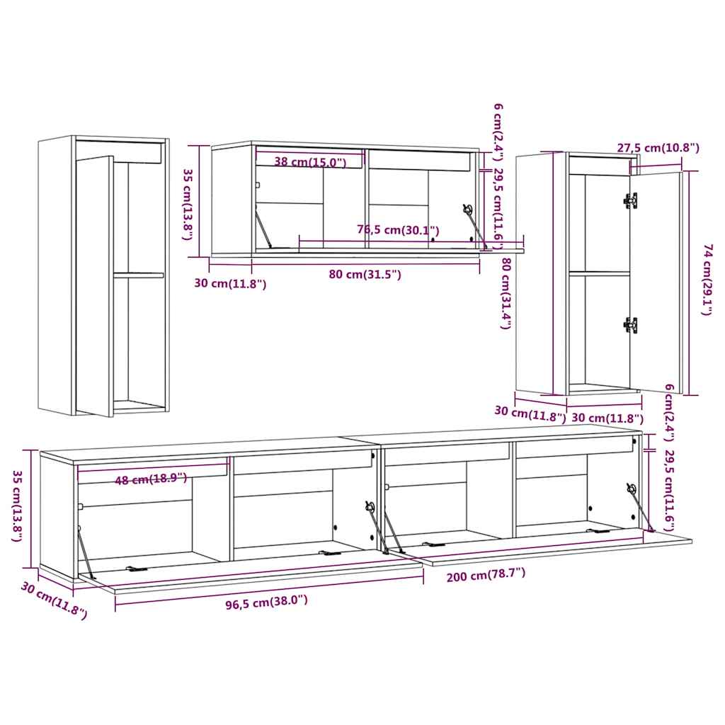 5 Piece TV Cabinet Set Solid Wood Pine