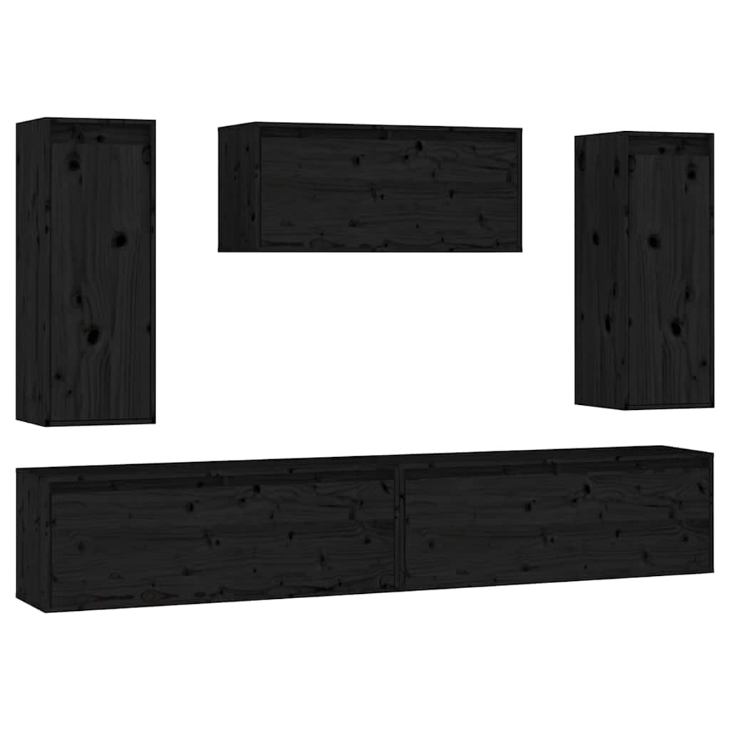5 Piece TV Cabinet Set Black Solid Wood Pine