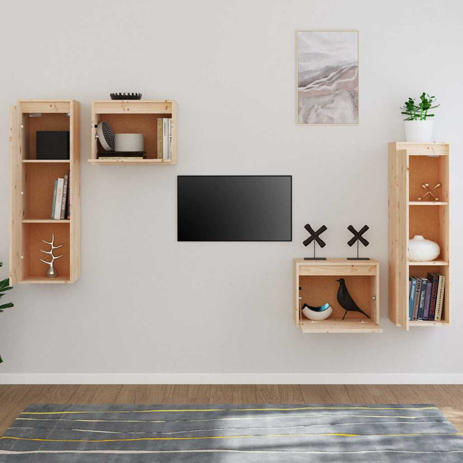 4 Piece TV Cabinet Set Solid Wood Pine