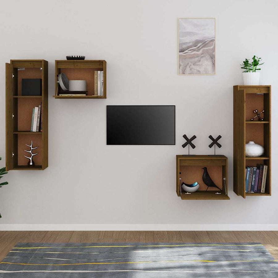 4 Piece TV Cabinet Set Honey Brown Solid Wood Pine
