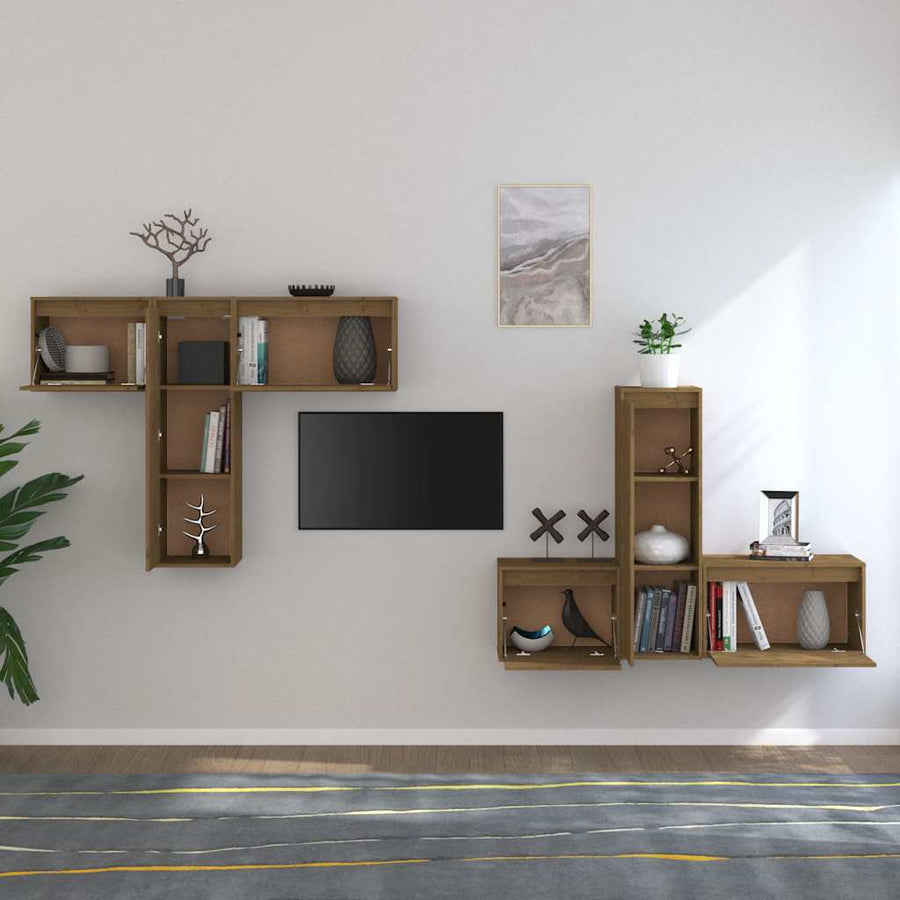 6 Piece TV Cabinet Set Honey Brown Solid Wood Pine