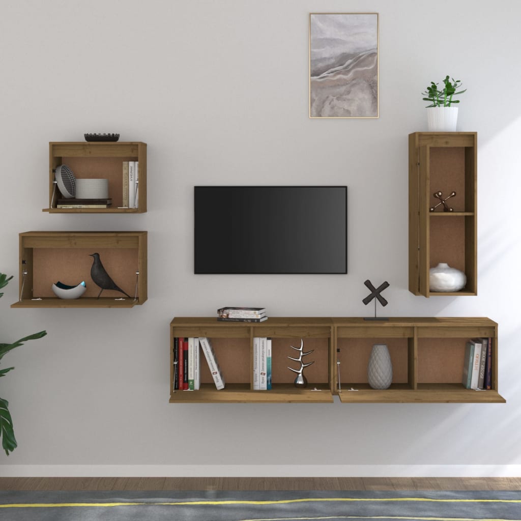 TV Cabinets 5 pcs Honey Brown Solid Wood Pine