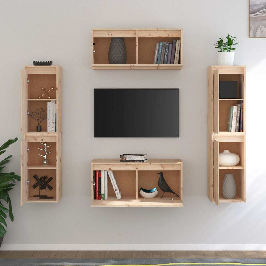 6 Piece TV Cabinet Set Solid Wood Pine