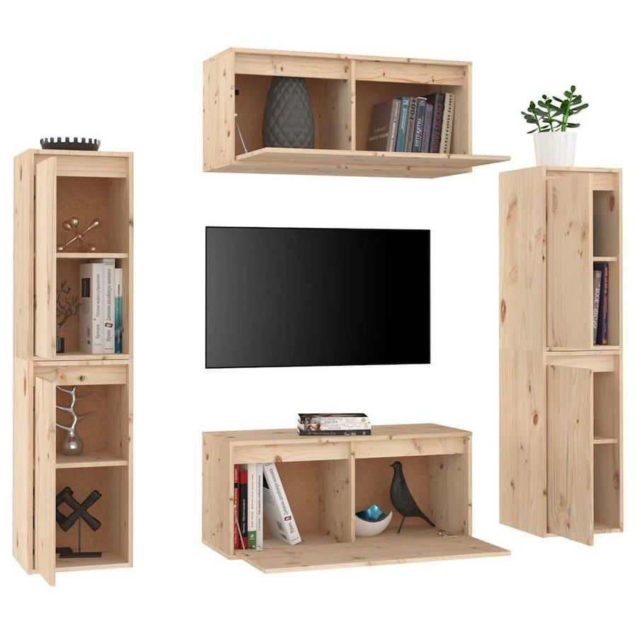 6 Piece TV Cabinet Set Solid Wood Pine